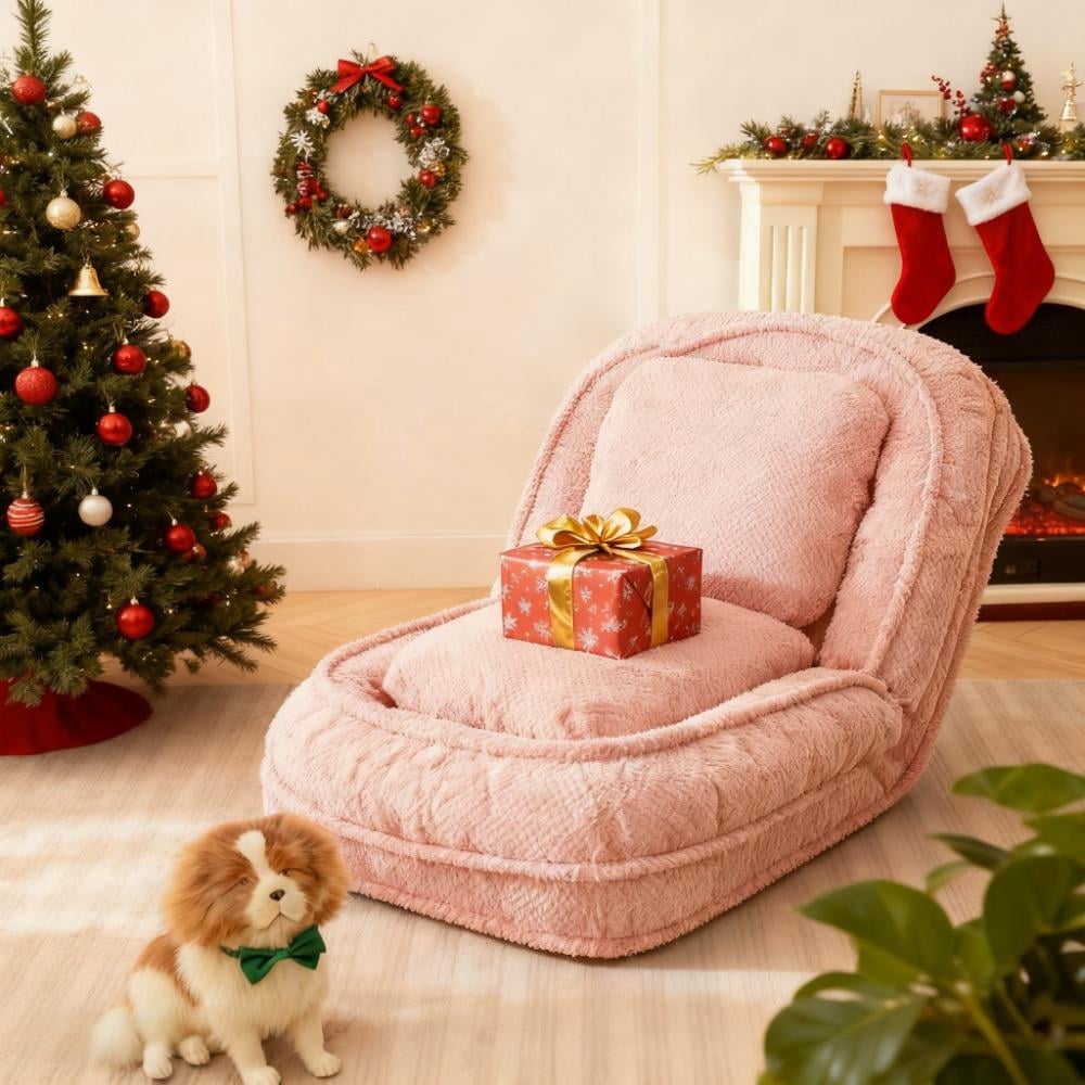 Floor Chair with Back Support, 5 Adjustable Position Plush Folding Lounge Chair for Adults & Pets, Single Lazy Sofa Bed for Living Room Game Room, Pink