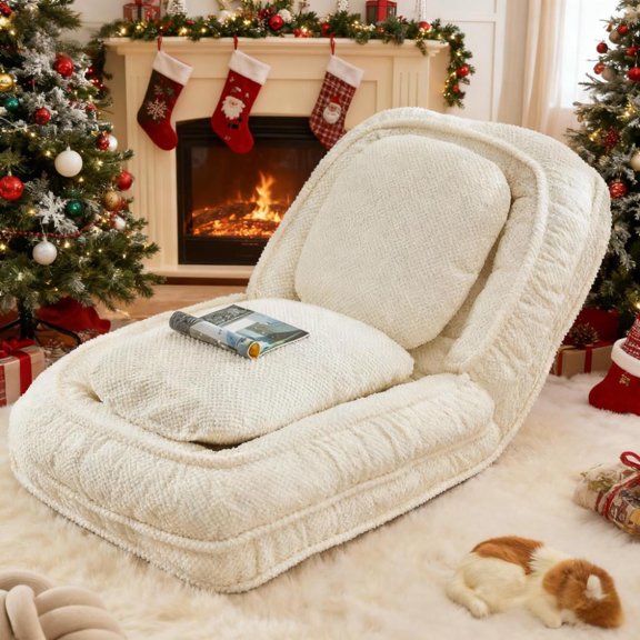 Floor Chair with Back Support, Human Dog Bed, 5 Adjustable Position Plush Folding Chair, Upholstered Lounge Chair for Adults & Pets, Single Lazy Sofa Bed for Living Room, Game Room, Beige