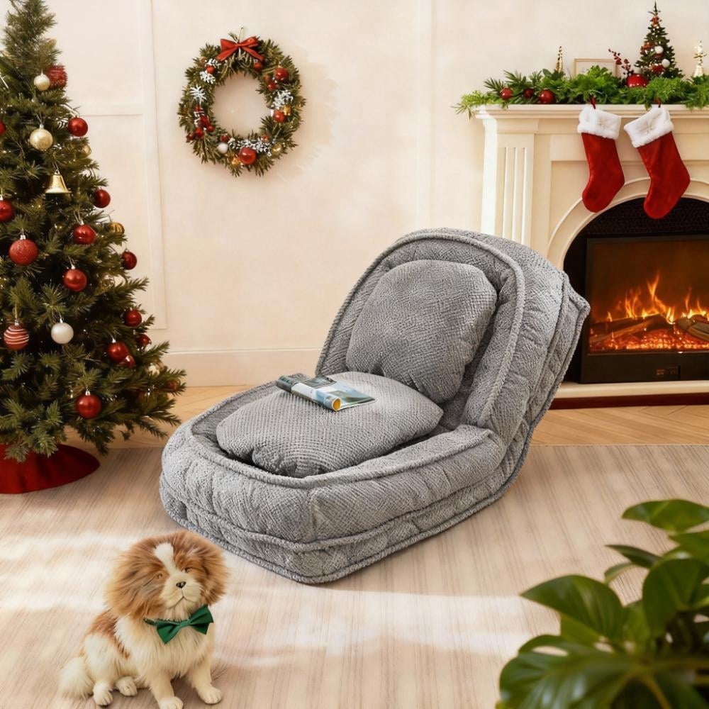 Floor Chair with Back Support, 5 Adjustable Position Plush Folding Lounge Chair for Adults & Pets, Single Lazy Sofa Bed for Living Room Game Room,Light Gray