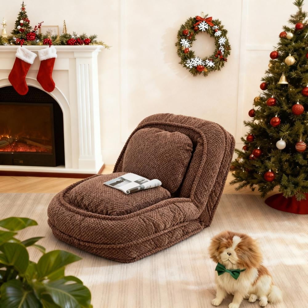 Floor Chair with Back Support, Human Dog Bed, 5 Adjustable Position Plush Folding Chair, Upholstered Lounge Chair for Adults & Pets, Single Lazy Sofa Bed for Living Room, Game Room,Brown