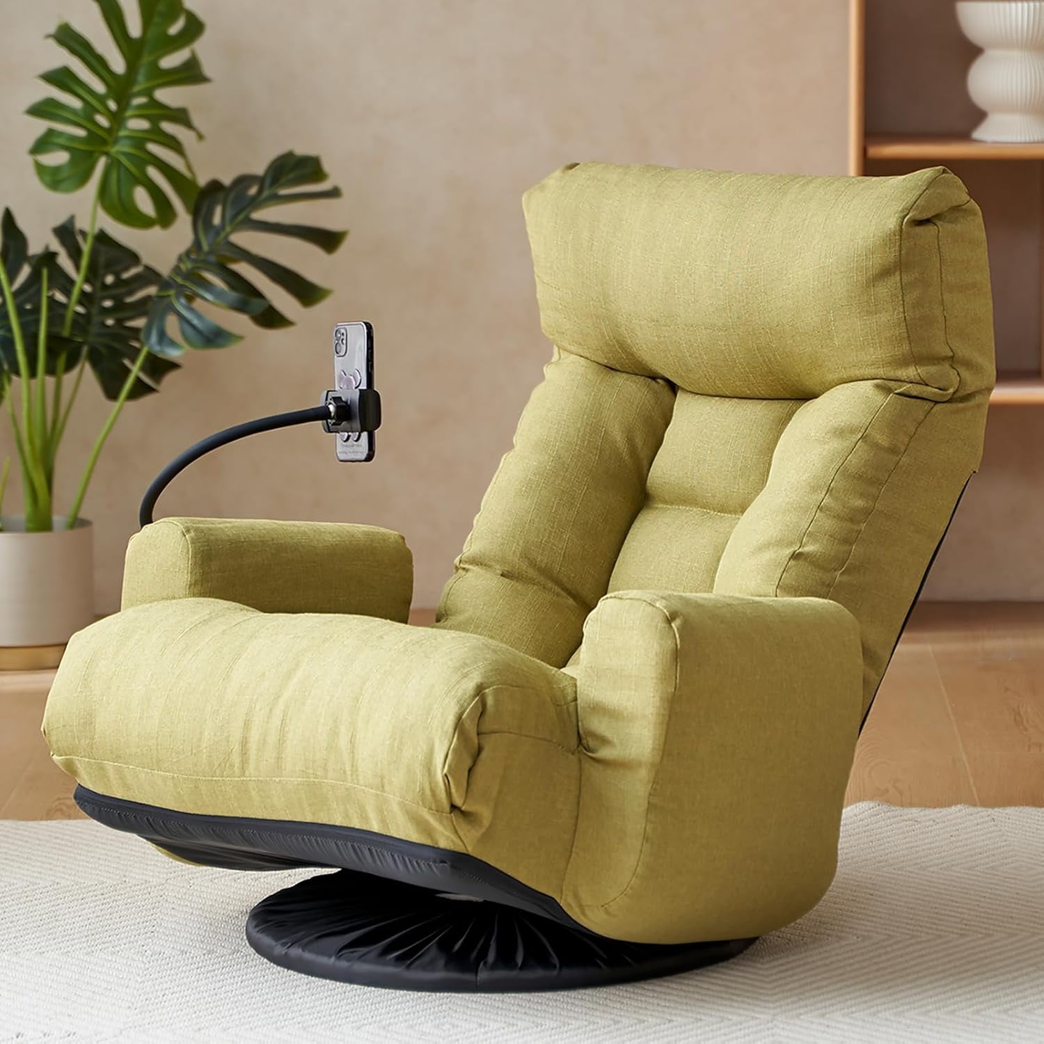 Floor Chair with Back Support, Swivel Gaming Chair with 5 Adjustable Position, Meditation Chair with Phone Holder, Linen Indoor Lounge Chair for Lazy Boys, Living Room, Bedroom, Lounge, Green