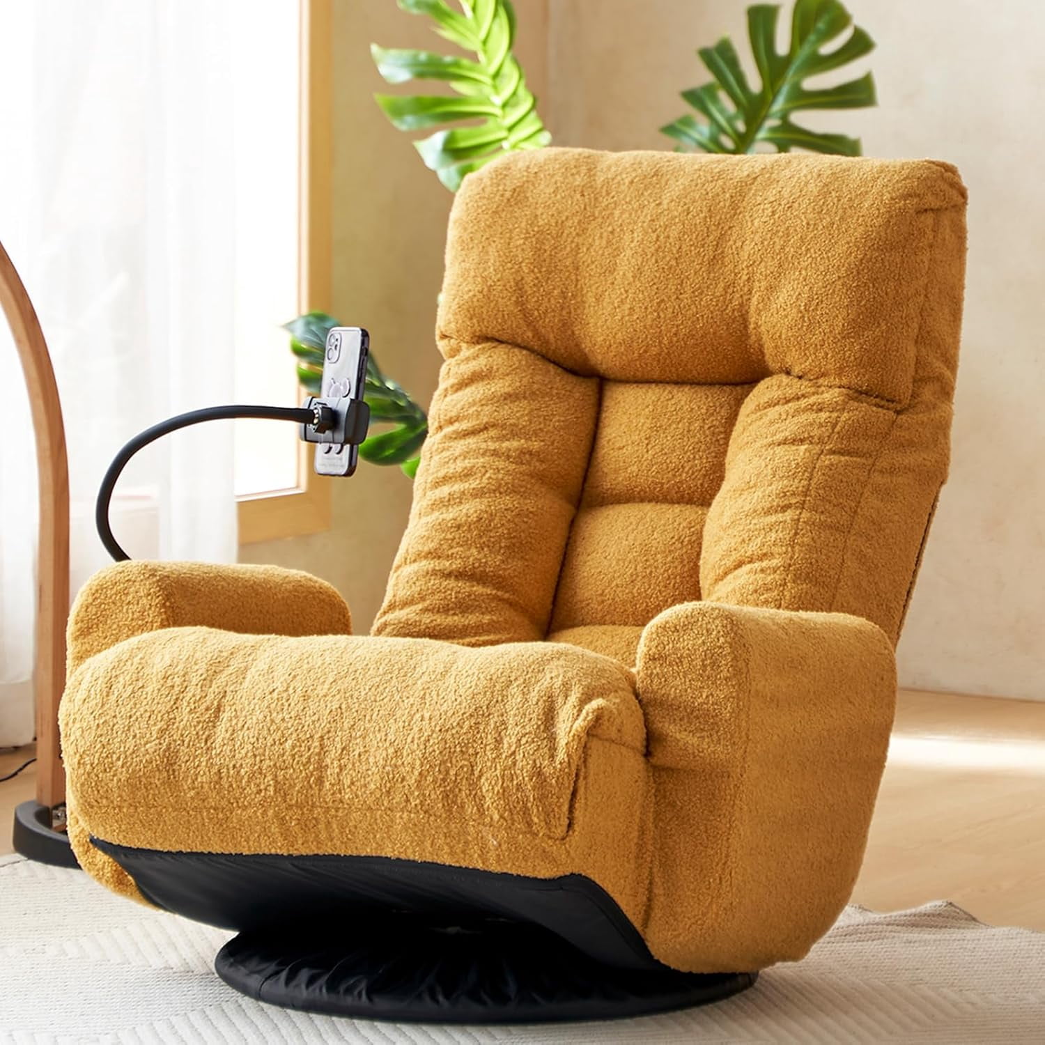Floor Chair with Back Support, Swivel Gaming Chair with 5 Adjustable Position, Meditation Chair with Phone Holder, Sherpa Indoor Lounge Chair for Lazy Boys, Living Room, Bedroom, Lounge, Yellow