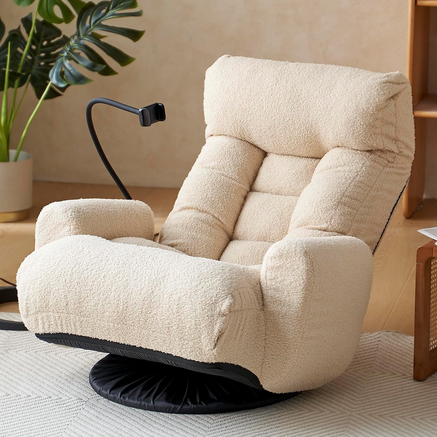 Floor Chair with Back Support, Swivel Gaming Chair with 5 Adjustable Position, Meditation Chair with Phone Holder, Sherpa Fleece Indoor Lounge Chair for Lazy Boys, Living Room, Bedroom, Lounge, Beige