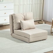 Floor Chair, Convertible Floor Sofa Bed, Folding Upholstered Couch Bed with Adjustable Backrest, Beige