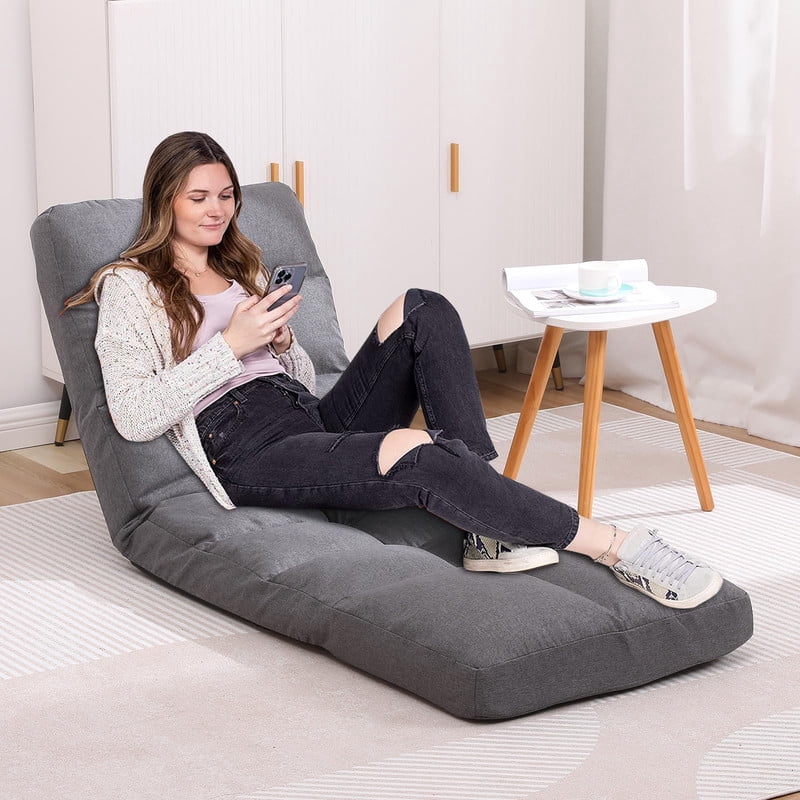 Floor Chair with Footrest Adjustable Backrest with 14 Positions Footrest 5-Position Adjustment Foldable Floor Gaming Chair for Easy Storage Linen Fabirc Chaise Lounge