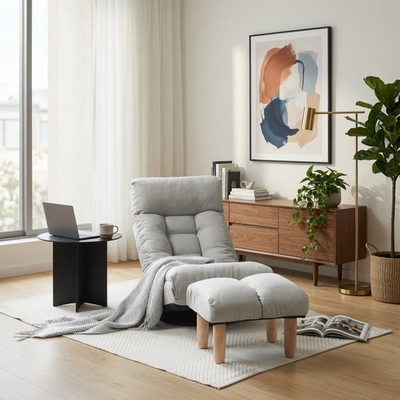 Floor Chair Single Sofa Recliner, Japanese Lazy Tatami Chair with Adjustable Backrest, 360° Swivel Floor Gaming Chair for Living Room Bedroom, Gray