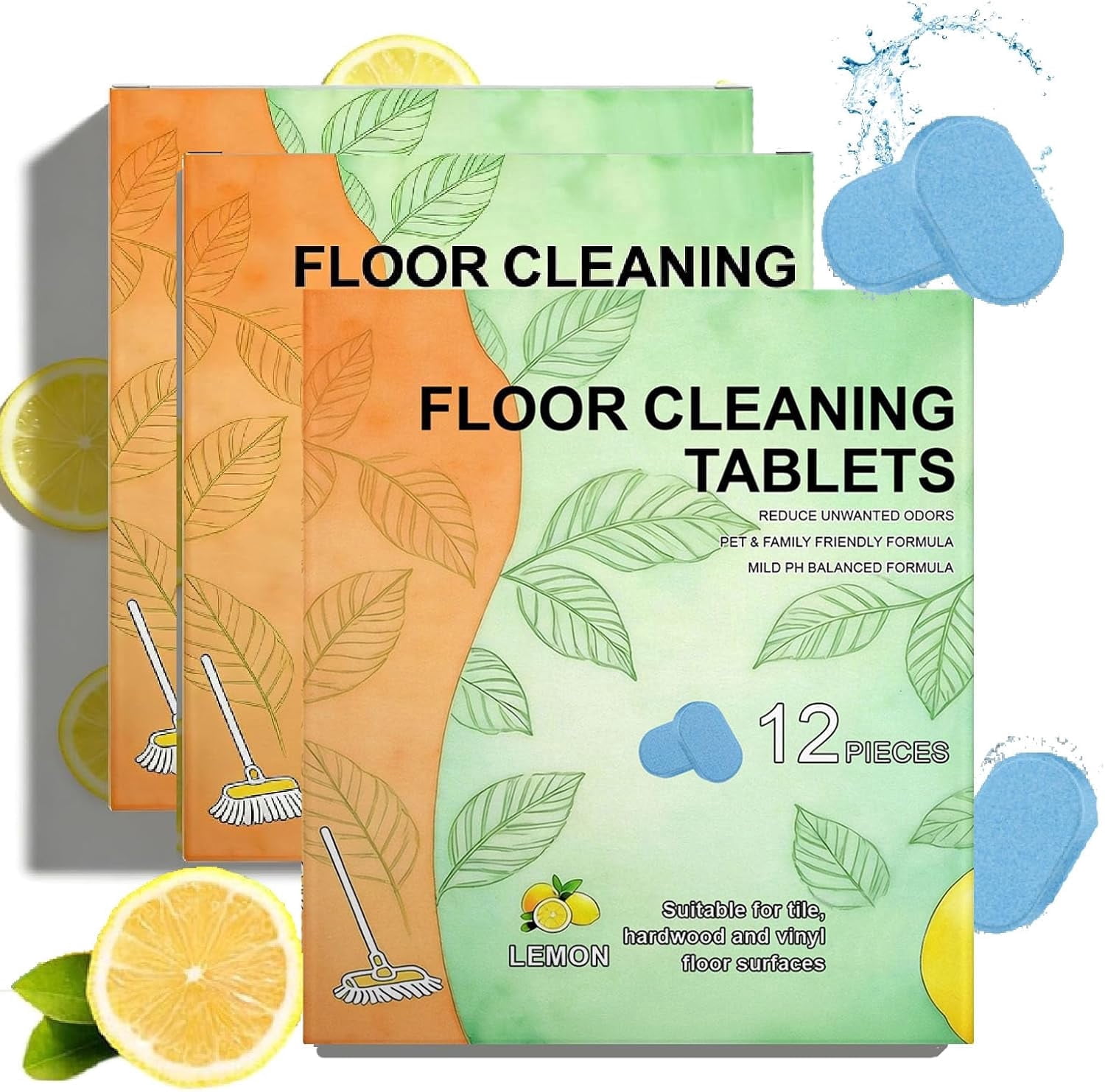 Floor Cleaning Concentrate Tablets (12-Pack)，Deep Cleaning, Powerful Formula, Fresh Lemon Scent — Compatible with Robot Vacuums/Mops and Wet/Dry Vacuums