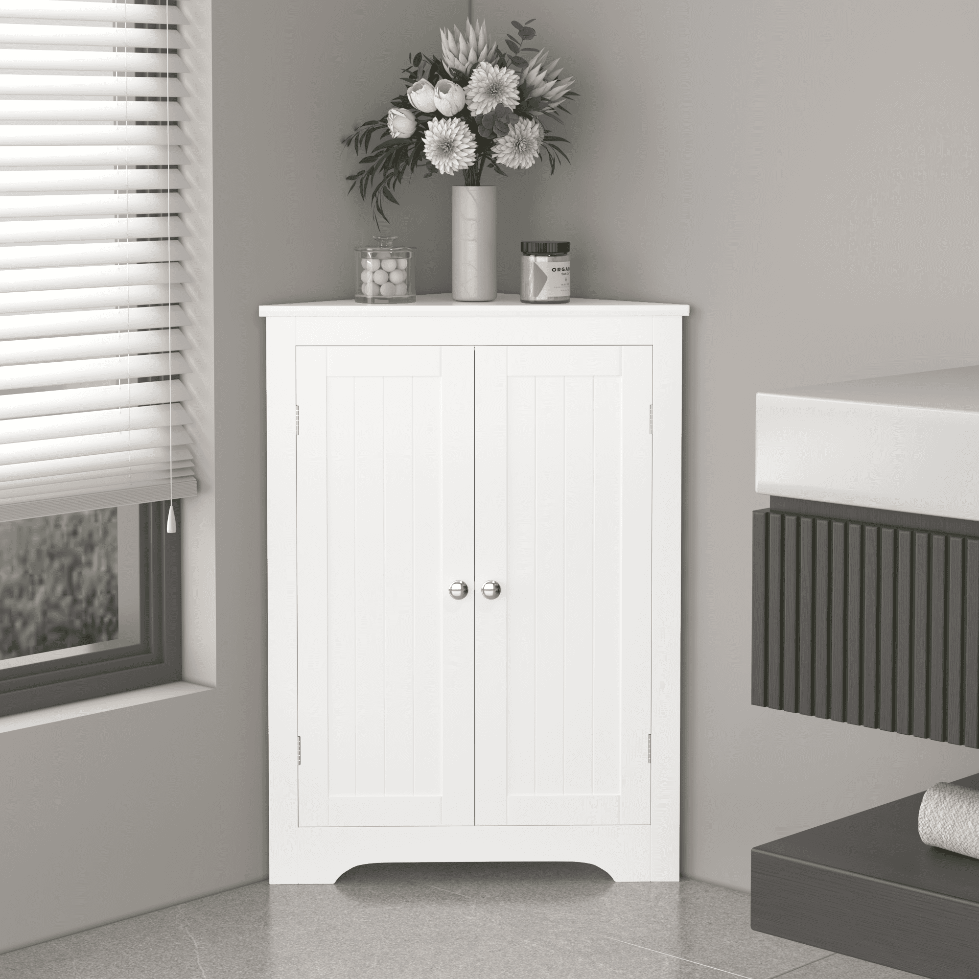 Floor Corner Cabinet with 2 Doors and Adjustable Shelves, Freestanding ...