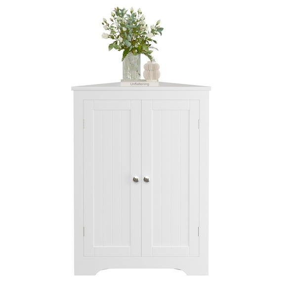 Floor Corner Cabinet with 2 Doors and Adjustable Shelves, Freestanding Narrow Cabinet Organizer, Corner Storage Cabinets for Bathroom, Kitchen, Living Room, or Bedroom (White)