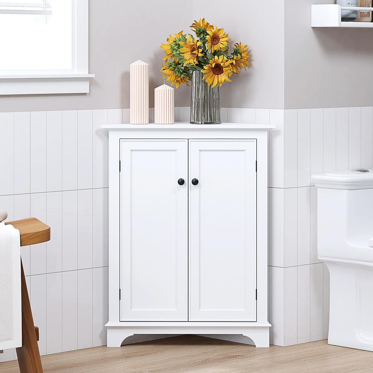 Floor Corner Cabinet with Doors and Shelves, Freestanding Bathroom Corner Storage Cabinet for ...