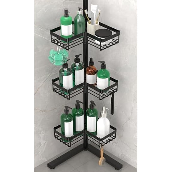 Floor Corner Shower Caddy, 3-Tier Rustproof Shower Shelf Organizer with Hooks, Free-Standing Bathroom Storage Rack for Shampoo & Toiletries, Black