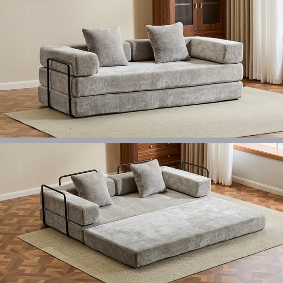 Kosynda 77"W Convertible Sleeper Sofa Bed with Fixed-Shape Frame, Folding Floor Sofa Couch with Chenille Armrests for Living Room, Small Space Apartment, Office (Light Gray)