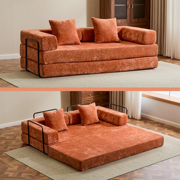 Kosynda 77"W Convertible Sleeper Sofa Bed with Fixed-Shape Frame, Folding Floor Sofa Couch with Chenille Armrests for Living Room, Small Space Apartment, Office (Orange)