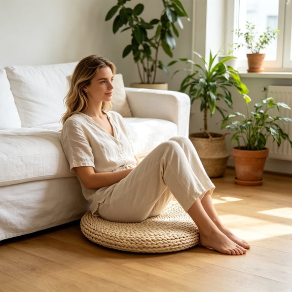 Floor Cushion,Seat Mat,Round Woven Straw Pad With Thick Padding,Breathable Natural Mat For Indoor Rest And Activity Use(Beige)