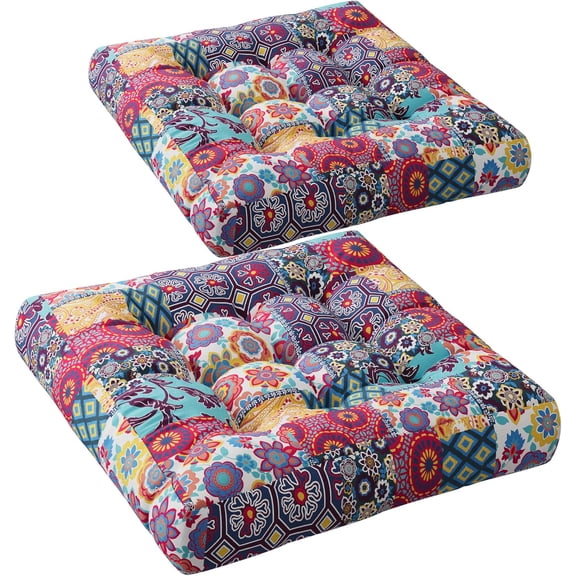 Floor Cushions Seating for Adults and Kids Set of 2, Square Large Boho Pillows for Yoga Living Room Tatami Sitting Home Decor, Memory Foam Added, 22x22 Inch Multi Patchwork
