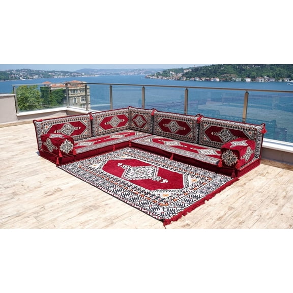 Floor Cushions for Adults, Turkish Sofa, Burgundy L Shaped Sofa, Arabic Floor Seating, Foldable Sleeper Sofa, Living Room Sofa Bed