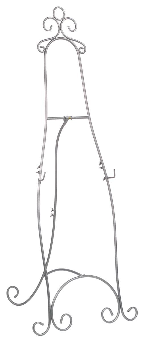 Floor Easel with Decorative Scroll Detailing, Height-Adjustable Hooks, 71.25 inches Tall, Metal - Silver (EAS5199SLV)