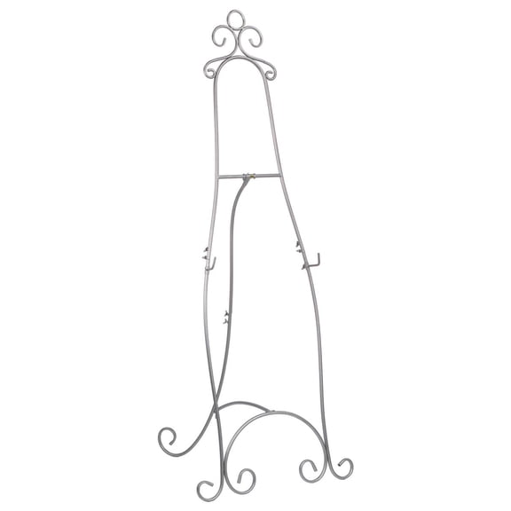 Floor Easel with Decorative Scroll Detailing, Height-Adjustable Hooks, 71.25 inches Tall, Metal - Silver (EAS5199SLV)
