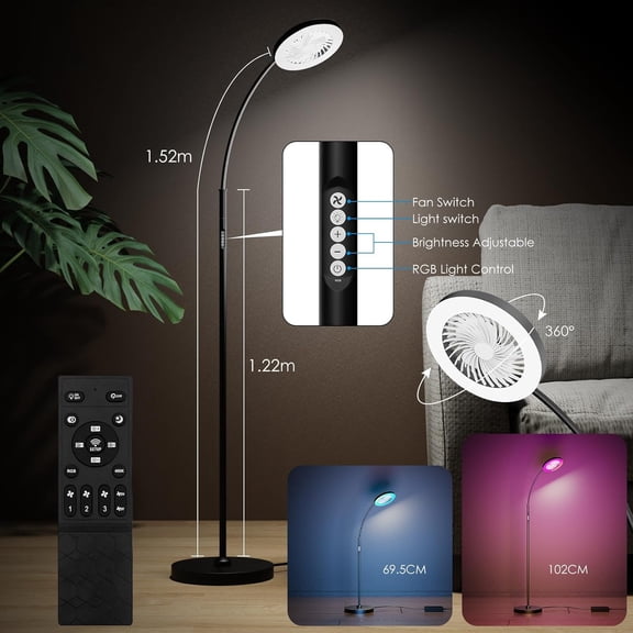 Floor Fan with RGB Lights Lamp 18w 1200Lm LED Light Fixture with Standing Fan and RemoteBlack