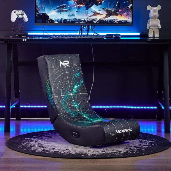 Floor Gaming Rocker Chair, RGB LED Video Game Chair with Space Galaxy Print, Foldable PU Leather Rocking Chair for Adults, Gaming Room & Bedroom