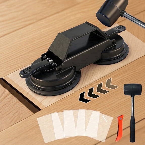 Floor Gap Fixer Tool, 45° Striking Iron Floor Repair Kit with Suction Cup, Slot Cutter, Hammer & 5 Sticky Pads for Laminate Vinyl Flooring, Black