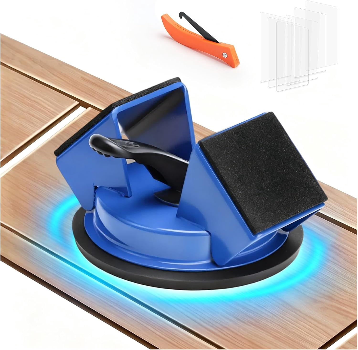 Floor Gap Fixer Tool – Heavy-Duty Iron Body with Enhanced Suction Cup, 45° Striking Surface for Floating Laminate & Vinyl Plank Flooring Repair, Includes 6 Adhesive Pads & Cleaning Blade