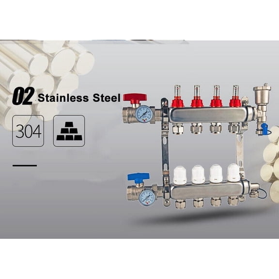 Floor Heating Manifold Set 4 Branch Stainless Steel Floor Heat Manifold 5-Channels 1/2" PEX Ra-diant-Floor Heating Manifold Set Branch Temp Control Valve