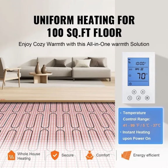 Floor Heating Mat,100Sq.ft. 14-113 F Electric Radiant Floor Heated Warm System with Digital Floor Sensing Thermostat, 110-120V Includes Installation Monitor, Adhesive Back for Easy Installation