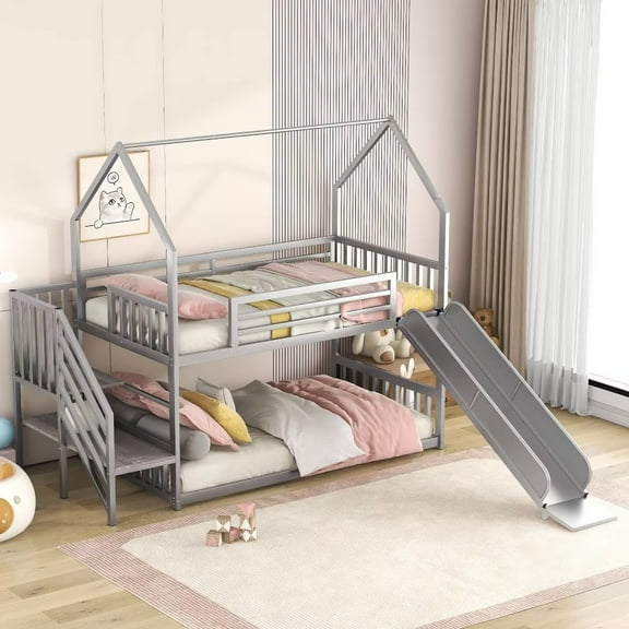 Floor House Bunk Bed Loft Bed, Twin over Twin Metal Bunk Bed House-Shaped Bed Frame with Slide and Storage Staircase, Playhouse Bed, Bedroom Furniture Can Be Decorated, Silver