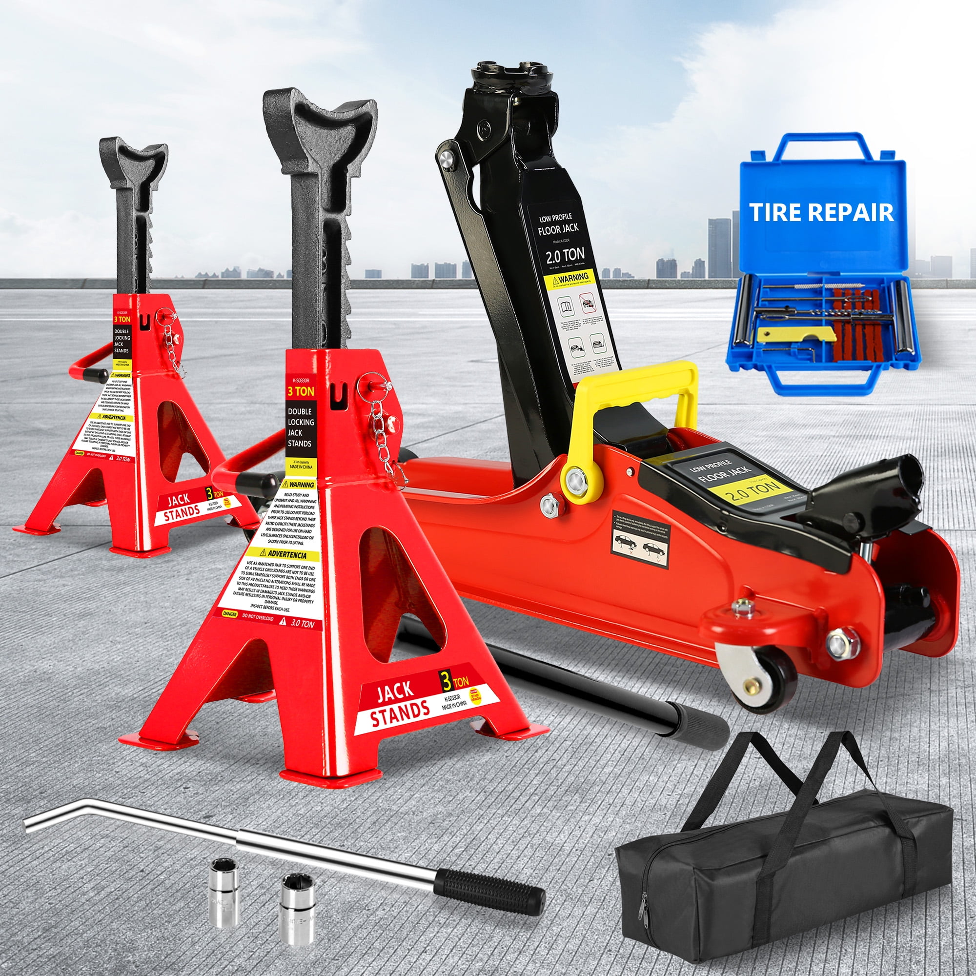 Floor Jack, 2 Ton Low Profile Floor Jack, 3t jack stand Tire Repair Kit L-Wrench Heavy Duty Steel Racing Floor Jack with Single Piston Quick Lift Pump, Floor Jack Lifting Range 3.3"-15.2"