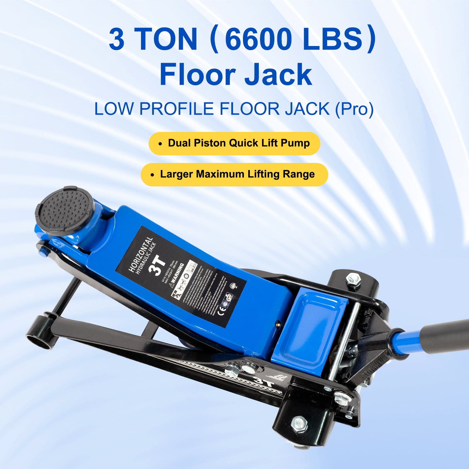 Floor Jack,3Ton/6600lbs Low Profile Floor Jack,dual Piston Quick Lift Pump,Lifting Range 75mm/2.95"-500mm/19.69",Blue