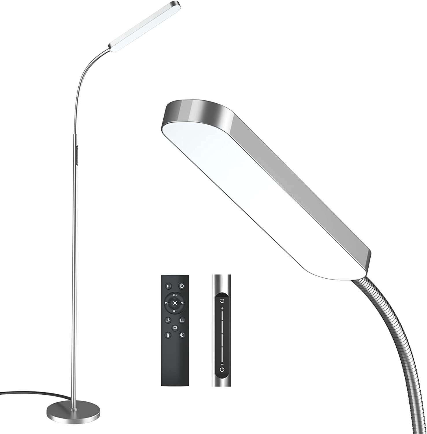 Floor Lamp, 15w/1000lm Bright LED Floor Lamp with Stepless Adjustable 3000K-6000K Colors and Dimmer, Remote and Touch Control Reading Lamp, Adjustable Gooseneck Floor Lamp for Living Room