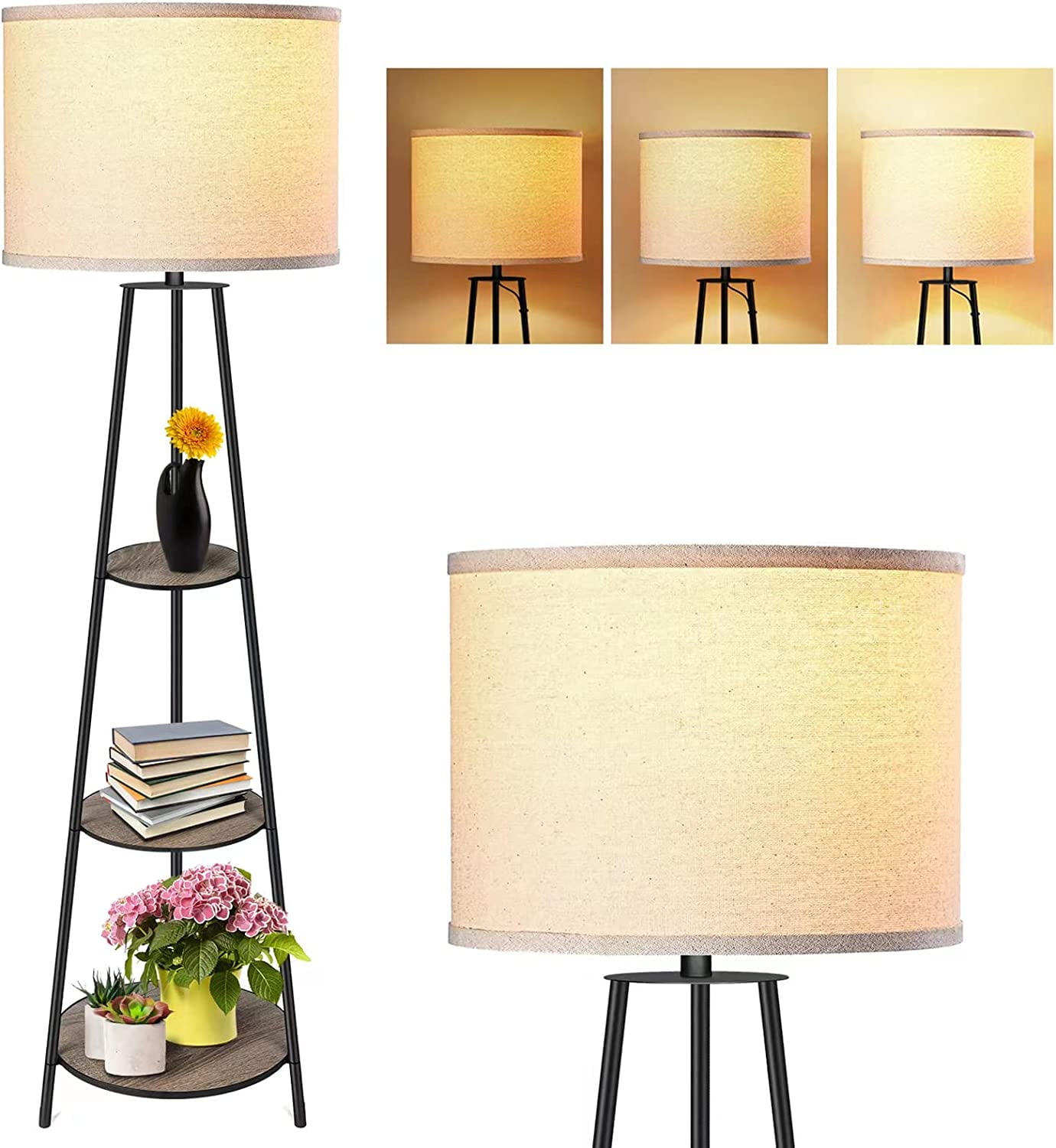 Floor Lamp, 3-Tier Round Corner Shelf Floor Lamp with 3 Dimmable Levels ...