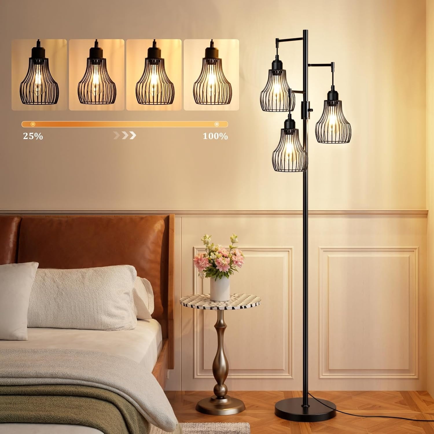 Floor Lamp, 3 x 800LM LED Edison Bulbs Included, Farmhouse Industrial Floor Lamp Standing Tree Lamp with Elegant Cage Tall Lamps for Living Room Bedroom Office - Black