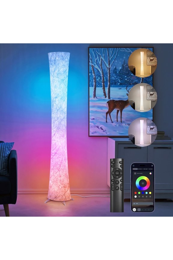 Floor Lamp, 61'' Smart RGB LED Corner Lamp with Music Sync and 16 Million DIY Colors, 3 Color Temperature, APP & Remote Control, Color Changing Standing Floor Lamp for Bedroom Living Room