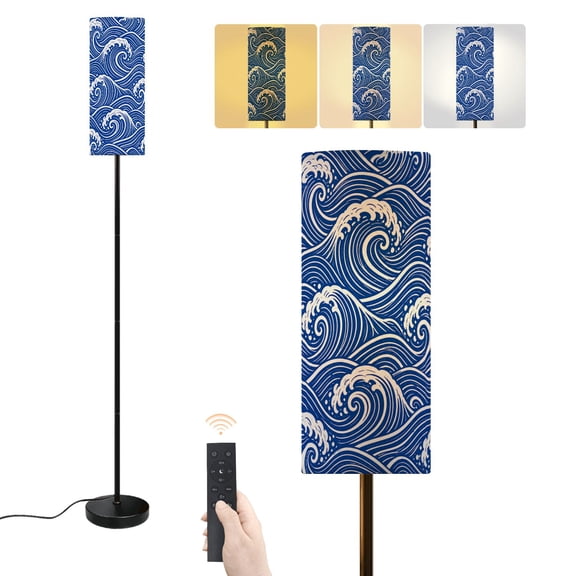 Floor Lamp Abstract Blue Ocean Wave Swirling Lines Design Dimmable Modern Standing Lamp with Lampshade Remote Footswitch Tall Pole Corner Lamp for Living Room Bedroom Office