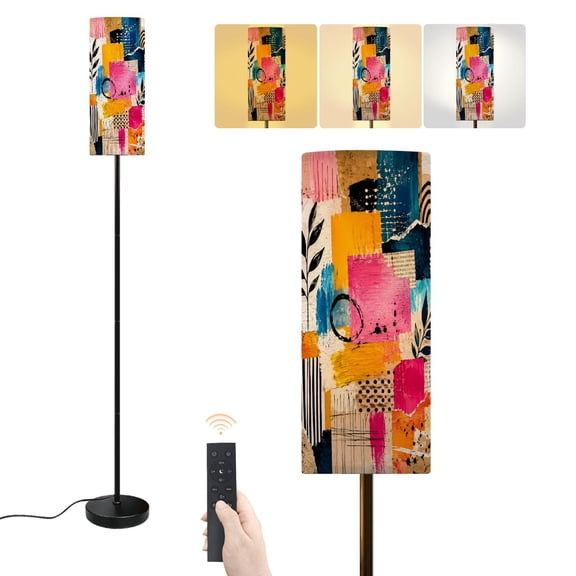Floor Lamp Abstract Collage Patchwork Pink Yellow Turquoise Black Mixed Media Dimmable Modern Standing Lamp with Lampshade Remote Footswitch Tall Pole Corner Lamp for Living Room Bedroom Office