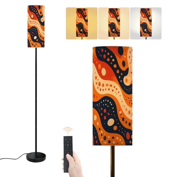 Floor Lamp Abstract Orange Navy Wavy Circular Motifs Dimmable Modern Standing Lamp with Lampshade Remote Footswitch Tall Pole Corner Lamp for Living Room Bedroom Office