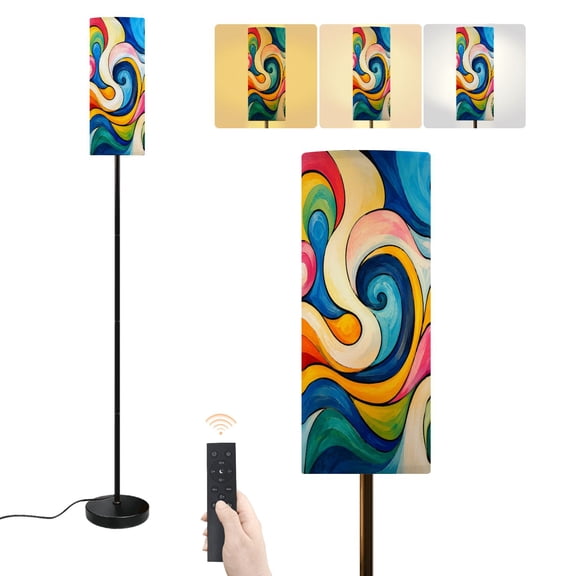 Floor Lamp Abstract Spiral Swirl Vibrant Pink Blue Yellow Orange Circular Forms Dimmable Modern Standing Lamp with Lampshade Remote Footswitch Tall Pole Corner Lamp for Living Room Bedroom Office