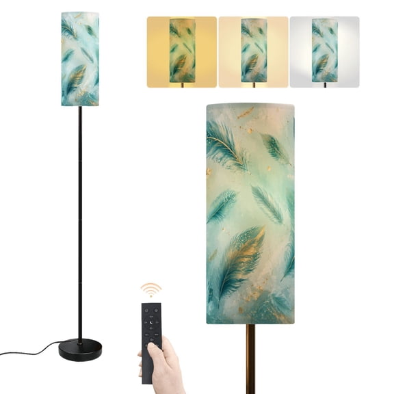 Floor Lamp Aesthetic Turquoise Feathers Gold Accents Dimmable Modern Standing Lamp with Lampshade Remote Footswitch Tall Pole Corner Lamp for Living Room Bedroom Office