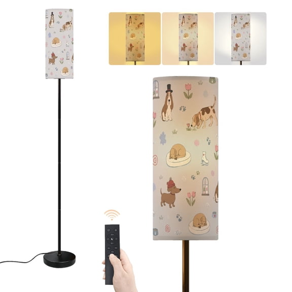 Floor Lamp Basset Hound Dachshund Seamless Sleeping Dogs Tulips Playful Doodles Dimmable Modern Standing Lamp with Lampshade Remote Footswitch Tall Pole Corner Lamp for Living Room Bedroom Office