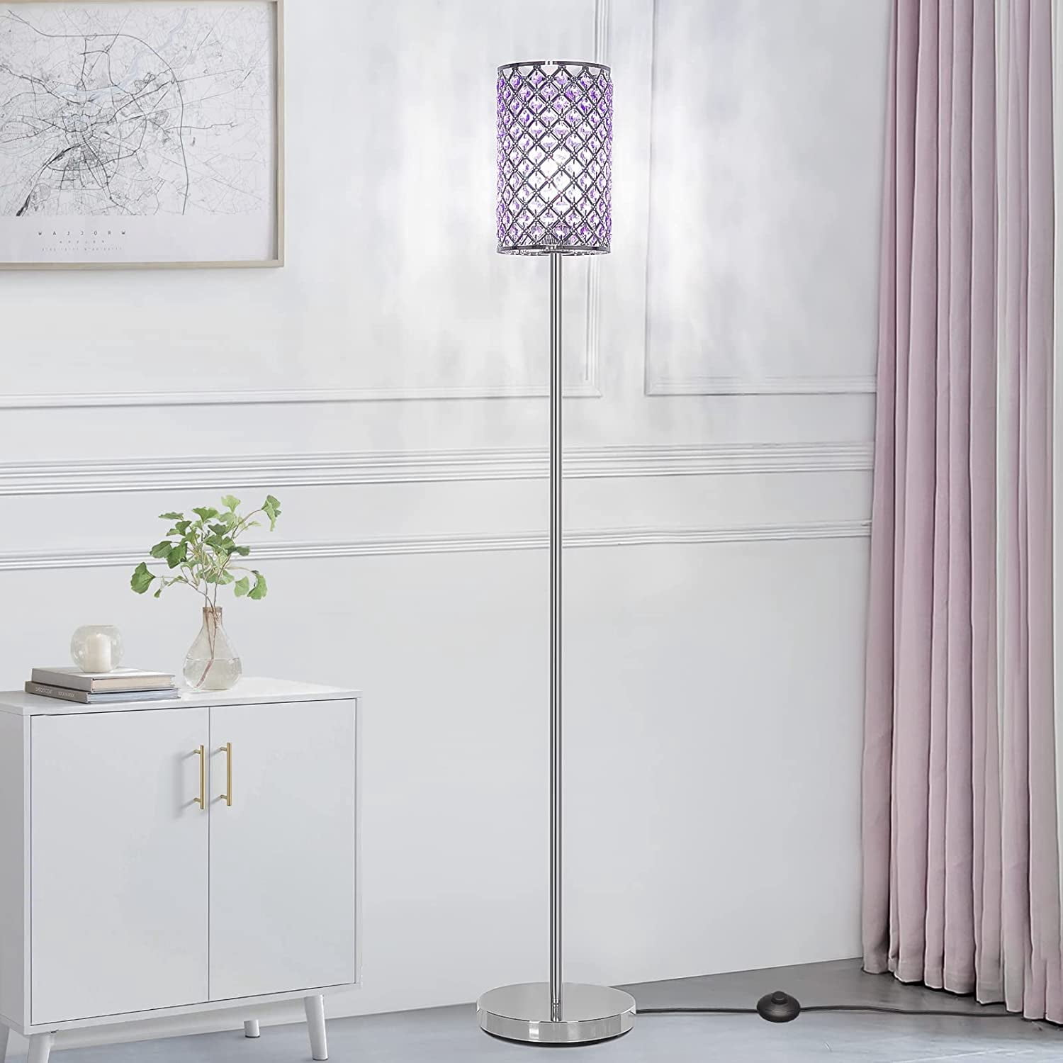 Floor Lamp for Bedroom, Lavender Crystal Floor Lamp with Glam Shade