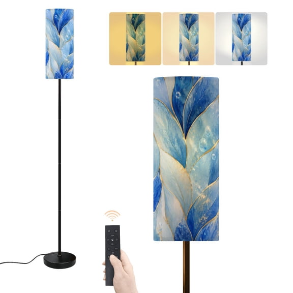 Floor Lamp Blue Abstract Watercolor Leaves Gold Accents Bubbles Dimmable Modern Standing Lamp with Lampshade Remote Footswitch Tall Pole Corner Lamp for Living Room Bedroom Office