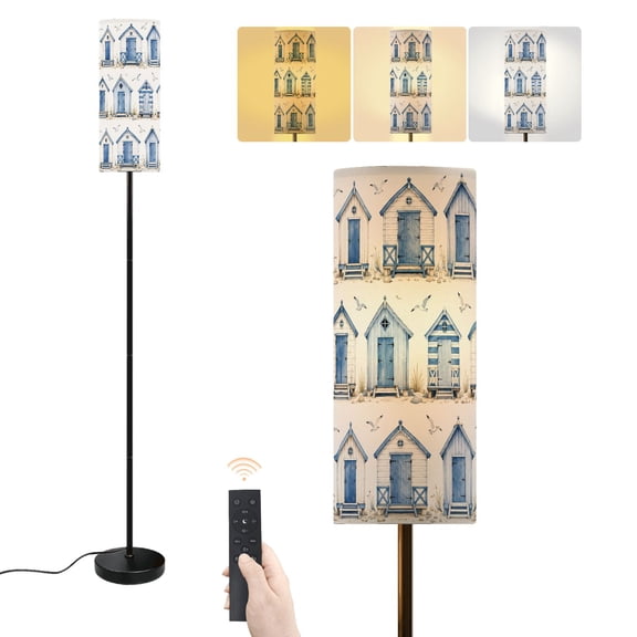 Floor Lamp Blue Watercolor Beach Huts Seagulls Minimalist Coastal Style Dimmable Modern Standing Lamp with Lampshade Remote Footswitch Tall Pole Corner Lamp for Living Room Bedroom Office