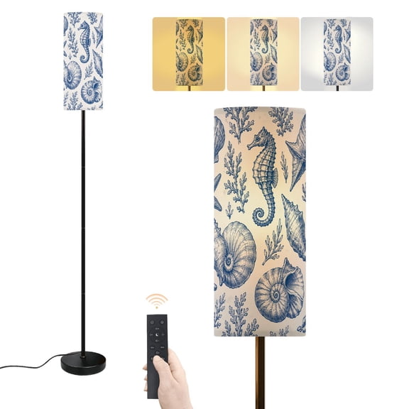 Floor Lamp Blue White Nautical Seamless Seashells Seahorses Dimmable Modern Standing Lamp with Lampshade Remote Footswitch Tall Pole Corner Lamp for Living Room Bedroom Office