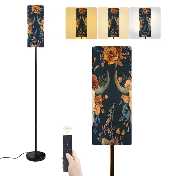 Floor Lamp Boho Western Style Bull Skulls Floral Dark Blue Dimmable Modern Standing Lamp with Lampshade Remote Footswitch Tall Pole Corner Lamp for Living Room Bedroom Office