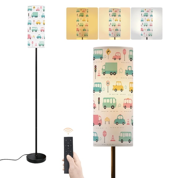 Floor Lamp Cartoon Transportation for Kids Seamless doodle Toy Dimmable Modern Standing Lamp with Lampshade Remote Footswitch Tall Pole Corner Lamp for Living Room Bedroom Office
