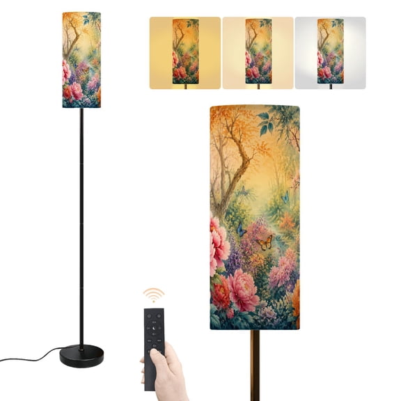 Floor Lamp Colorful Floral Art Birds Tranquil Forest Setting Dimmable Modern Standing Lamp with Lampshade Remote Footswitch Tall Pole Corner Lamp for Living Room Bedroom Office