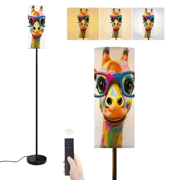 Floor Lamp Colorful Giraffe Oversized Glasses Patterns Animal Portrait Humorous Dimmable Modern Standing Lamp with Lampshade Remote Footswitch Tall Pole Corner Lamp for Living Room Bedroom Office