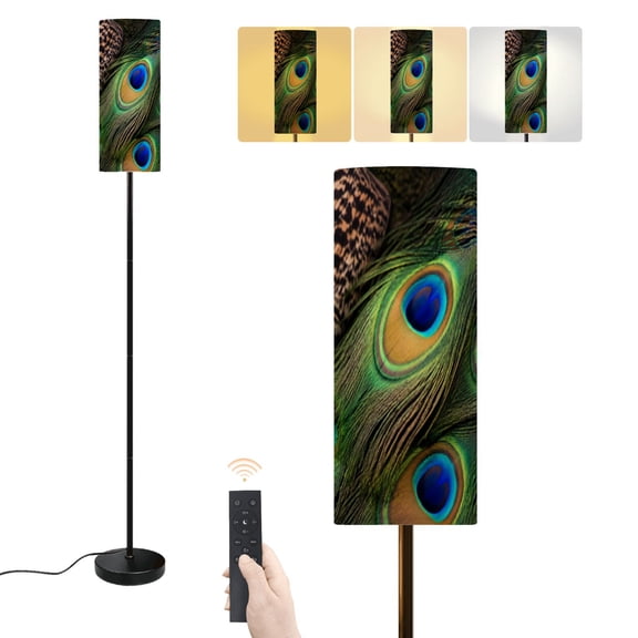 Floor Lamp Contrast Peacock feathers dark blue closeup Dimmable Modern Standing Lamp with Lampshade Remote Footswitch Tall Pole Corner Lamp for Living Room Bedroom Office